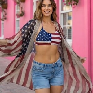 1776 Antique Look American Flag Red, White, Blue Semi-Sheer Kimono Jacket